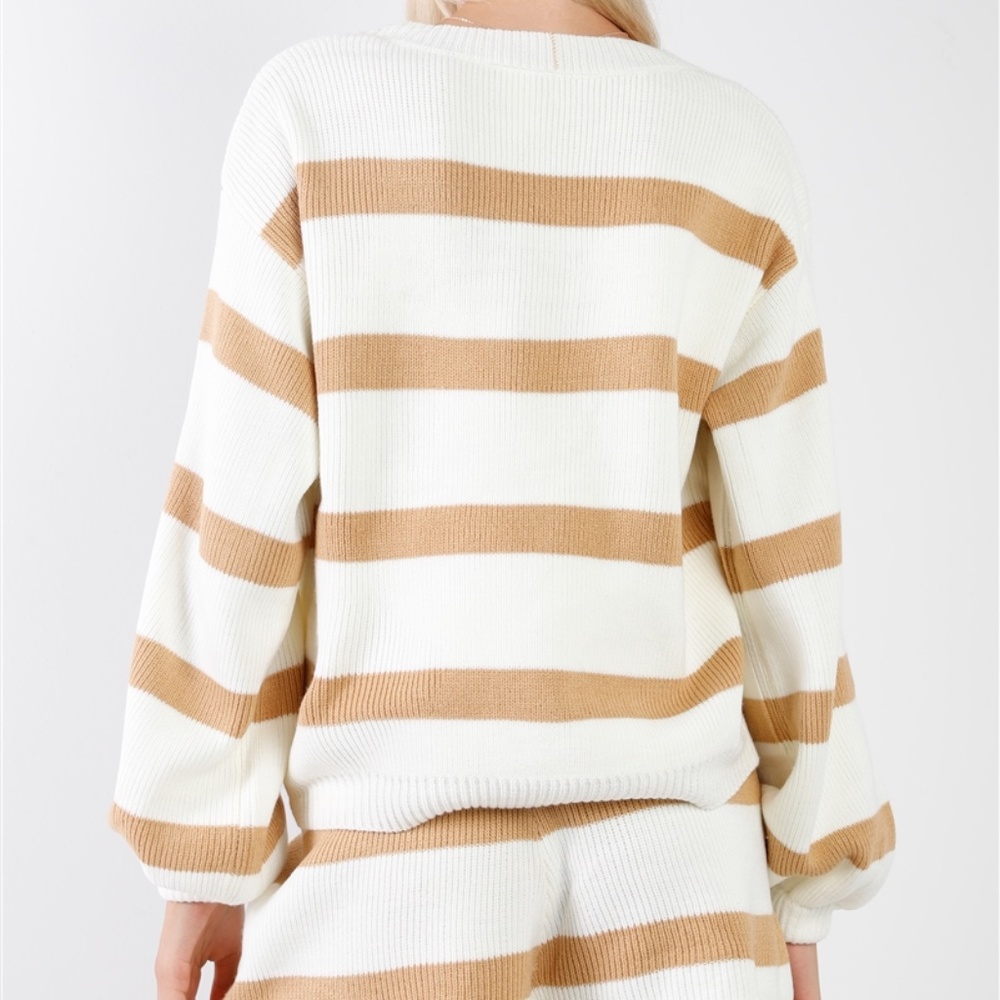Ivory & Camel Knit Striped Loungewear Set - Picture 3 of 5